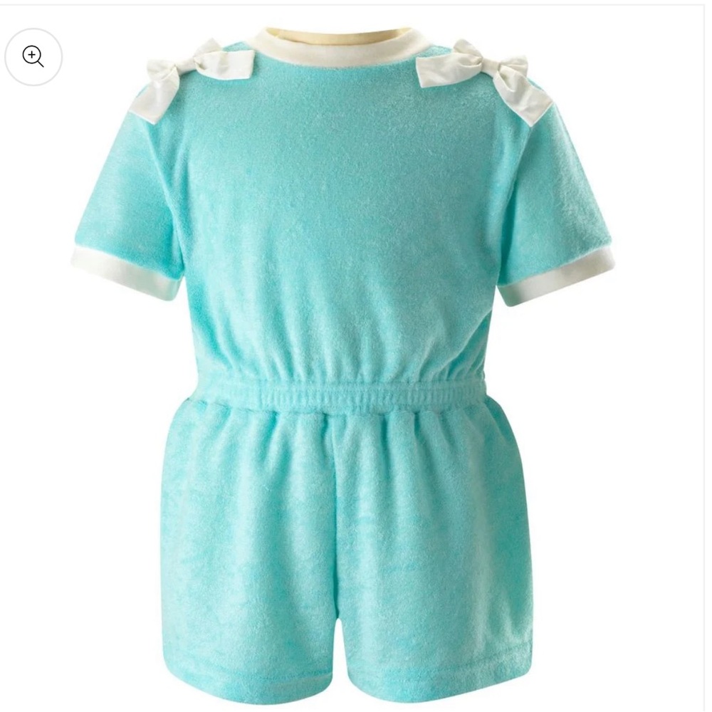 Rachel Riley London Girls Bow Towel Playsuit Light Aqua Terry Short Romper White